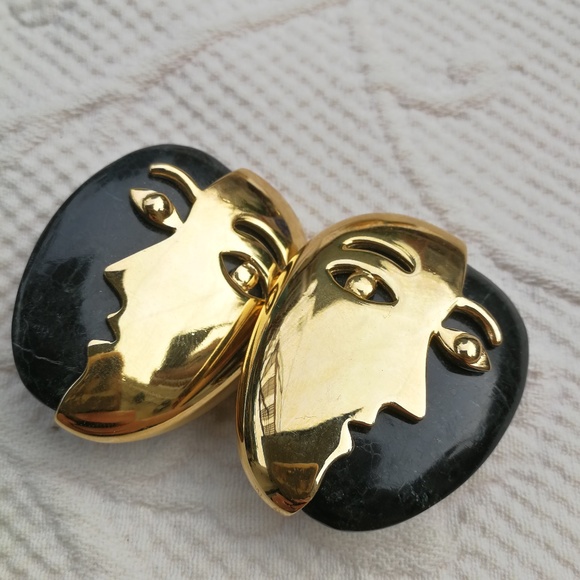 Vintage Earrings Clips Black / Green and Gold Face - Picture 2 of 6